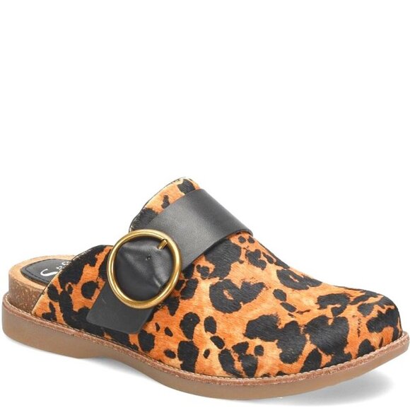 New SOFFT Billie Clog Leopard Fur Black Leather Buckle Slides 7.5